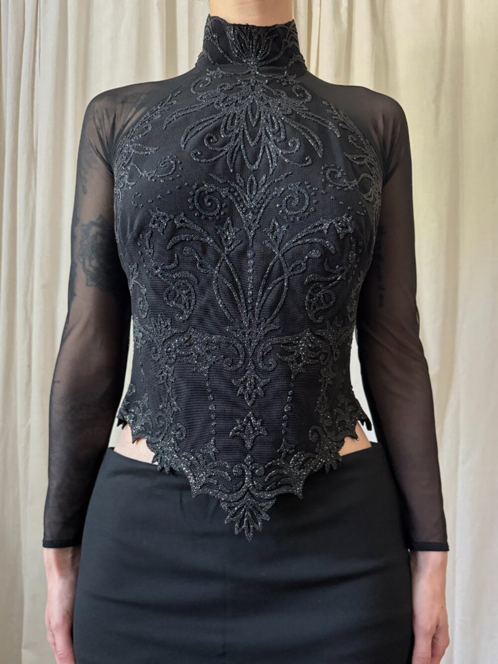 Vintage Tadashi Shoji Black Long Sleeve Mesh Beaded Top Women's Size Medium Goth